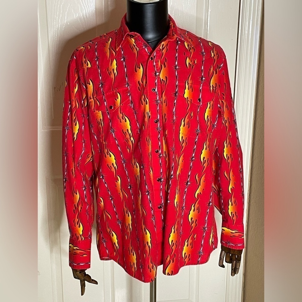 VTG PANHANDLE SLIM Brooks & Dunn Flames Barbed Wire guy fieri Western Shirt L - Picture 1 of 9
